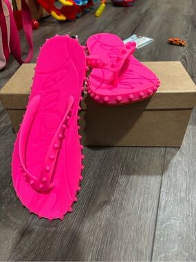 Christian Louboutin Hot Pink Studded Rubber Flip Flop Sandals